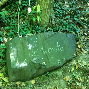 Das Wort "Worte" auf einem Stein im Wald